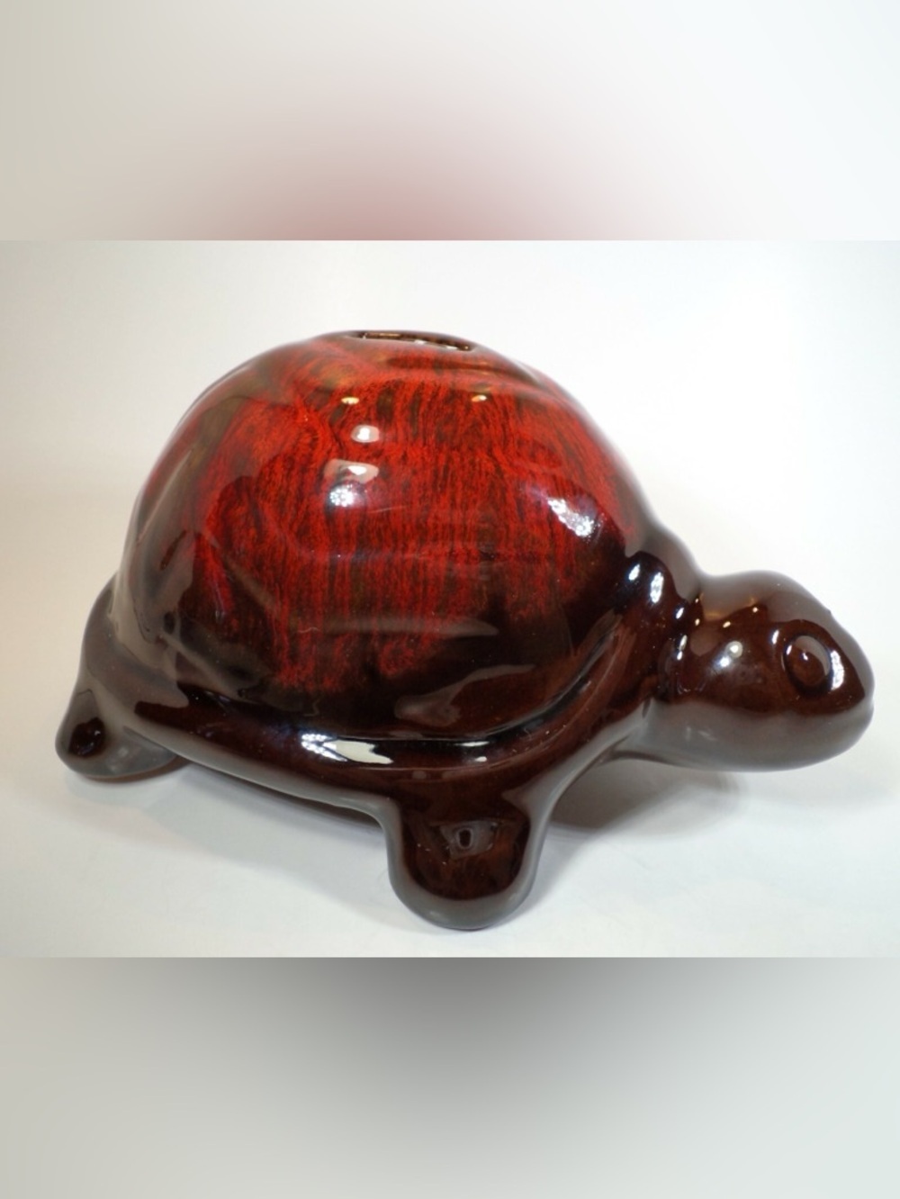 Canuck Pottery  Turtle Coin Bank Red and Brown Glaze 7-1/2 Inch  Vintage